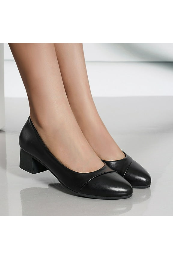 Creme Heels for Women Casual Shoes Heel Women's Slip-on Shoes Pointed Toe Comfortable Fashion Thick Work Shoe for Women Black 6.5