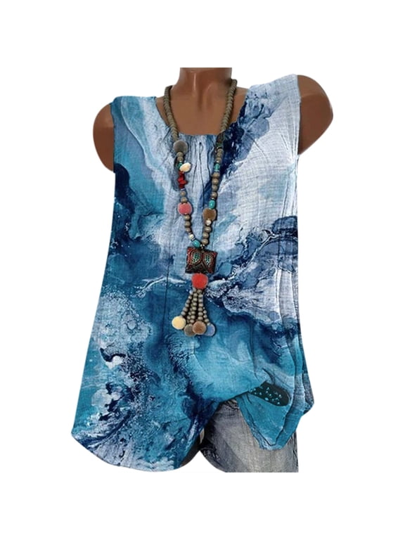 Crop Workout Tee Women Sleeveless Tunics Summer Casual Flower Print Pleated Tees Tanks Casual Crew 2xl Tops for Women Vest Blue Medium