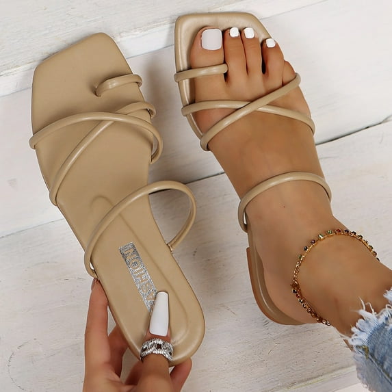 Cathalem Cute Sandals for Women Summer Women Flip Flops Square Toe Strap Beach Sandals Fairy Heels for Women Sandals Beige 7.5