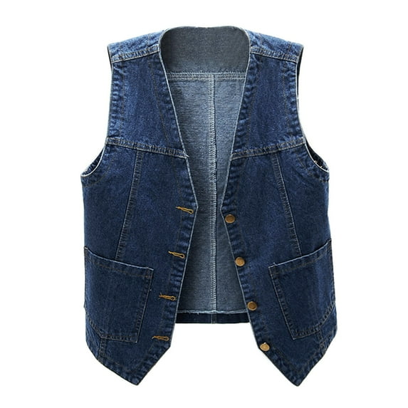 Cathalem Denim Vest Women's Sleeveless Denim Vest V Neck Button Down Jean Waistcoat Jacket (Dark Blue,M)