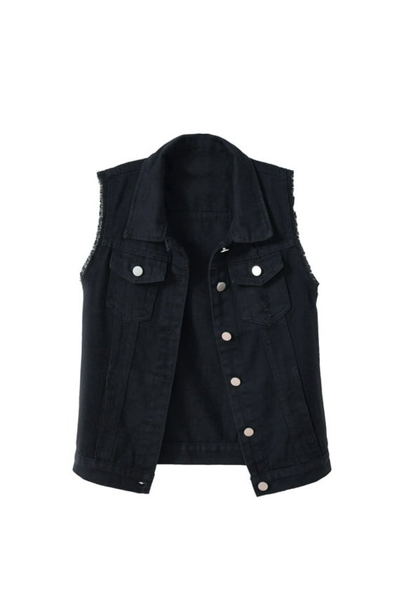 Denim Vest for Women Womens Beading Pearls Denim Button Vest Ripped Waistcoatvest Sleeveless Jean Jacket (Black,L)