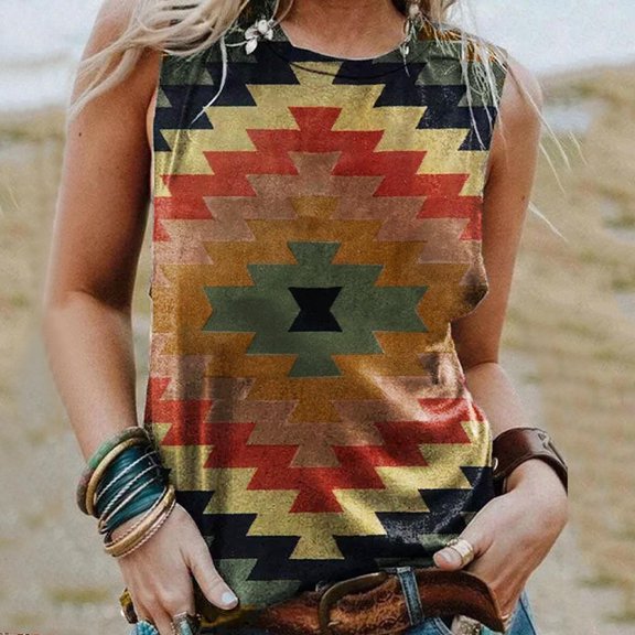 Cathalem Distressed Top Women Women Casual Aztec Print Round Neck Shirts Sleeveless Vest Tops Loose 3x Tops for Women plus Size Vest Grey XX-Large