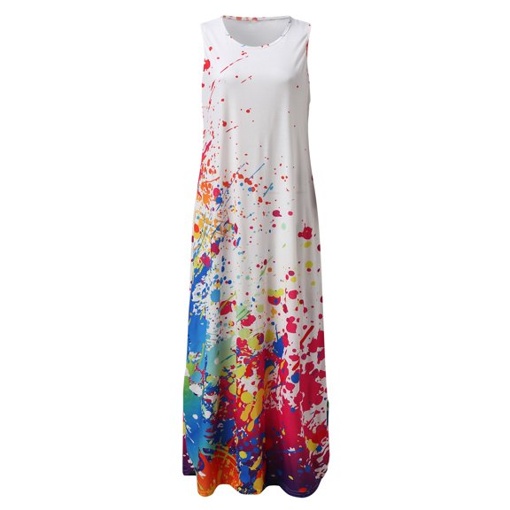 Cathalem Dress Casual for Women Women Casual Fashion Print Round Neck Pocket Loose Dress Beach Dress Dress Women Casual Summer Dress White Small