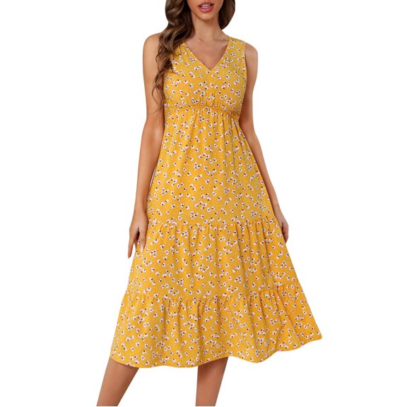 Cathalem Dresses for Women Midi Length Womens Casual Fashion Dress Floral Printed Bohemian V plus Size Dresses for Women Summer Dress Yellow Small