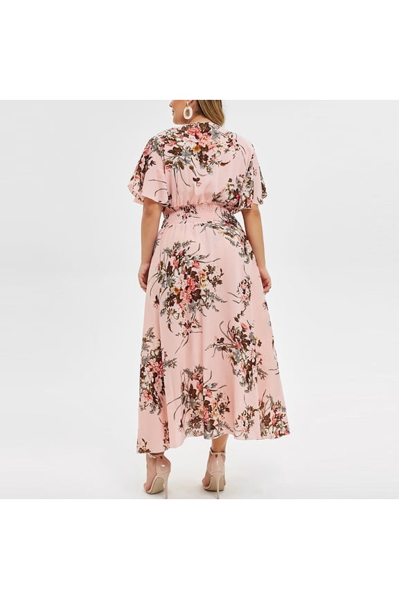 Dresses plus Size Women Party Dress Casual Printed Plus V Neck Sleeve Floral Short Women Size plus Size Prom Dresses Dress Pink 3X-Large