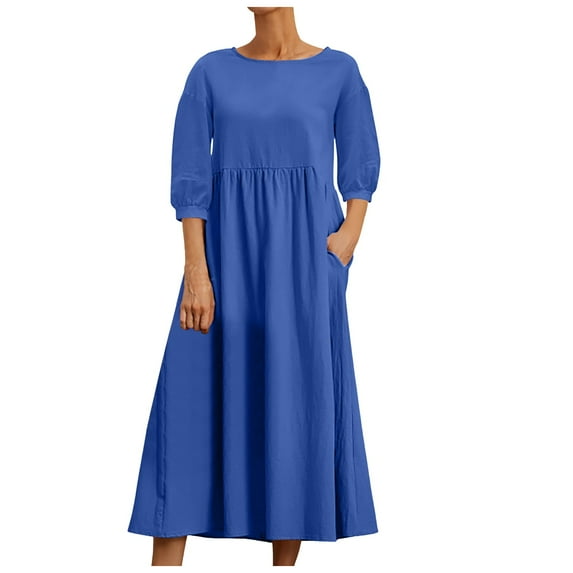 Cathalem Fall Dresses for Women Casual Womens Long Sleeve Fall Dresses with Pockets Ribbed Knit Casual Crew Neck Dress (Blue,XXL)