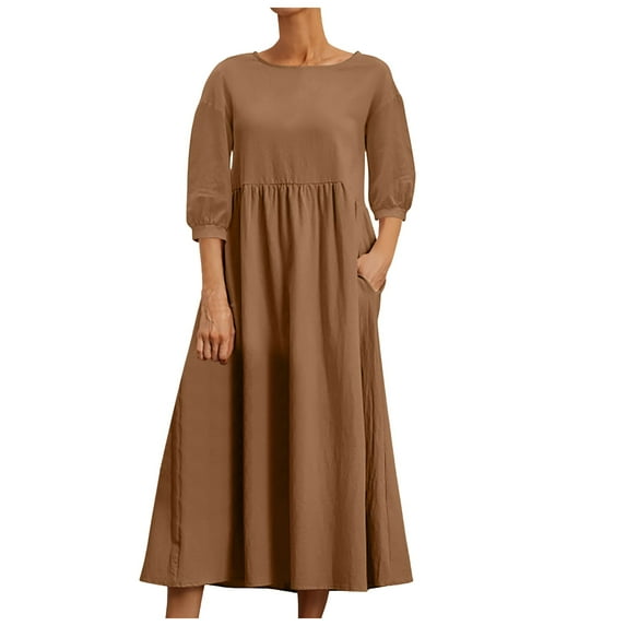 Cathalem Fall Dresses for Women Casual Womens Long Sleeve Fall Dresses with Pockets Ribbed Knit Casual Crew Neck Dress (Coffee,L)