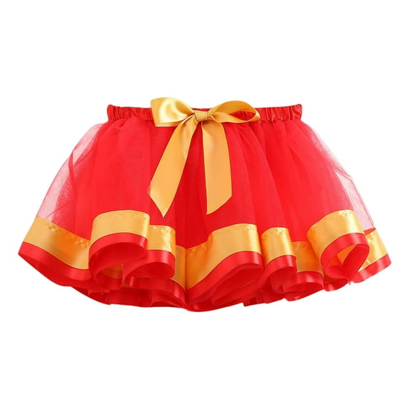 Cathalem Girl Skirt Girls Tutu Skirt Elastic Tulle Stripe Skirt (Red,5-8 Years)