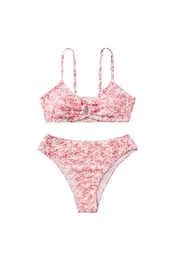 Girls' 2 Piece Ditsy Floral Print Knot Front Ruched Triangle Bikini Swimsuit (Red,11)