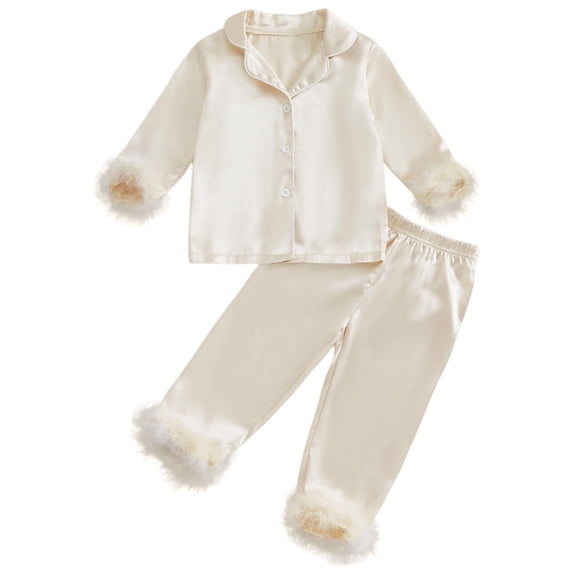 Cathalem Girls Boys Silk 𝐏ajamas Set Feather Long Sleeve Satin P𝐣s Comfy Button-Down Tops & Pants Set Soft Slee𝐩wear Beige 2-3 Years