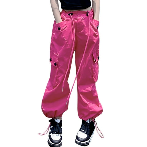 Cathalem Girls Cargo Pants for Kids Loose Streetwear Hip Hop Dance Cotton Cargo Jogger Pants for Kids (Hot Pink,11-12 Years)