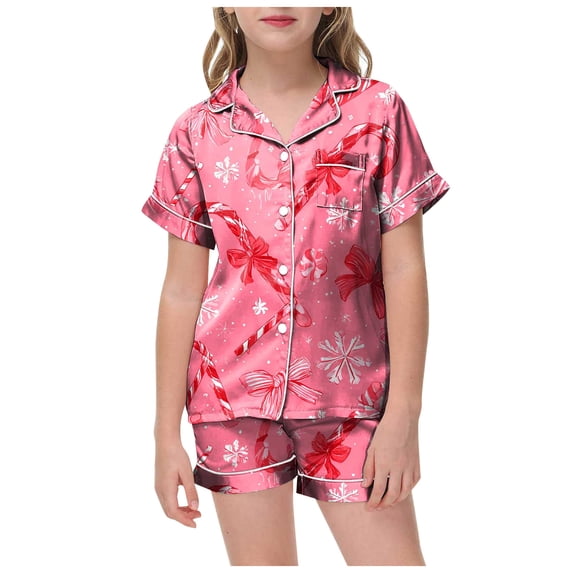 Cathalem Girls Pajamas Silk PJS Set Bow Satin Sleepwear Short Sleeve Jammies for Kids Button-Down Nightwear Blue 4-5 Years
