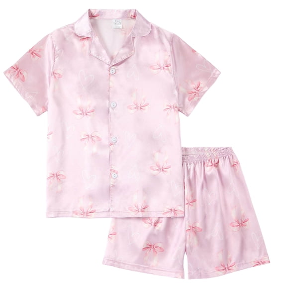 Cathalem Girls' Pyjama Sets Girls Pajamas Silk Satin Pajama Sleepwear Button Down Pj Set Loungewear Size,9-10 Years