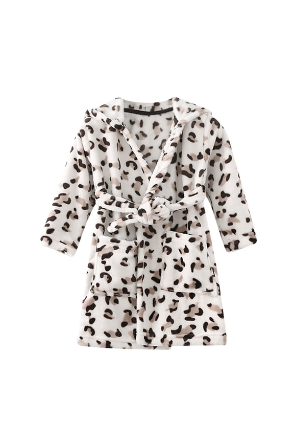 Girls Robes, Plush Soft Coral Fleece Animal Print Hooded Bathrobe Kids Boys Coffee 2-3 Years