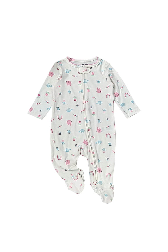 Girls Sleeper Pajamas, Cotton, One-piece PJs, Diagonal Zip Up Jumpsuit, Snug Footie White 0-3 Months