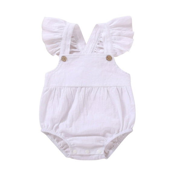 Cathalem Girls' Solid Fly Sleeve Suspender Romper: Cotton Bodysuit for Babies (White,0-3Months)