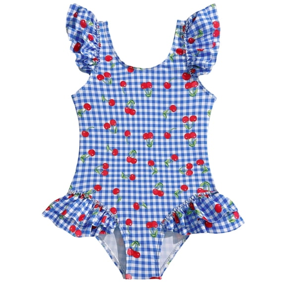 Cathalem Girls Swimsuits Gingham Ruffle Cute Bathing Suit Strawberry Print Swimwear Blue 5-6 Years