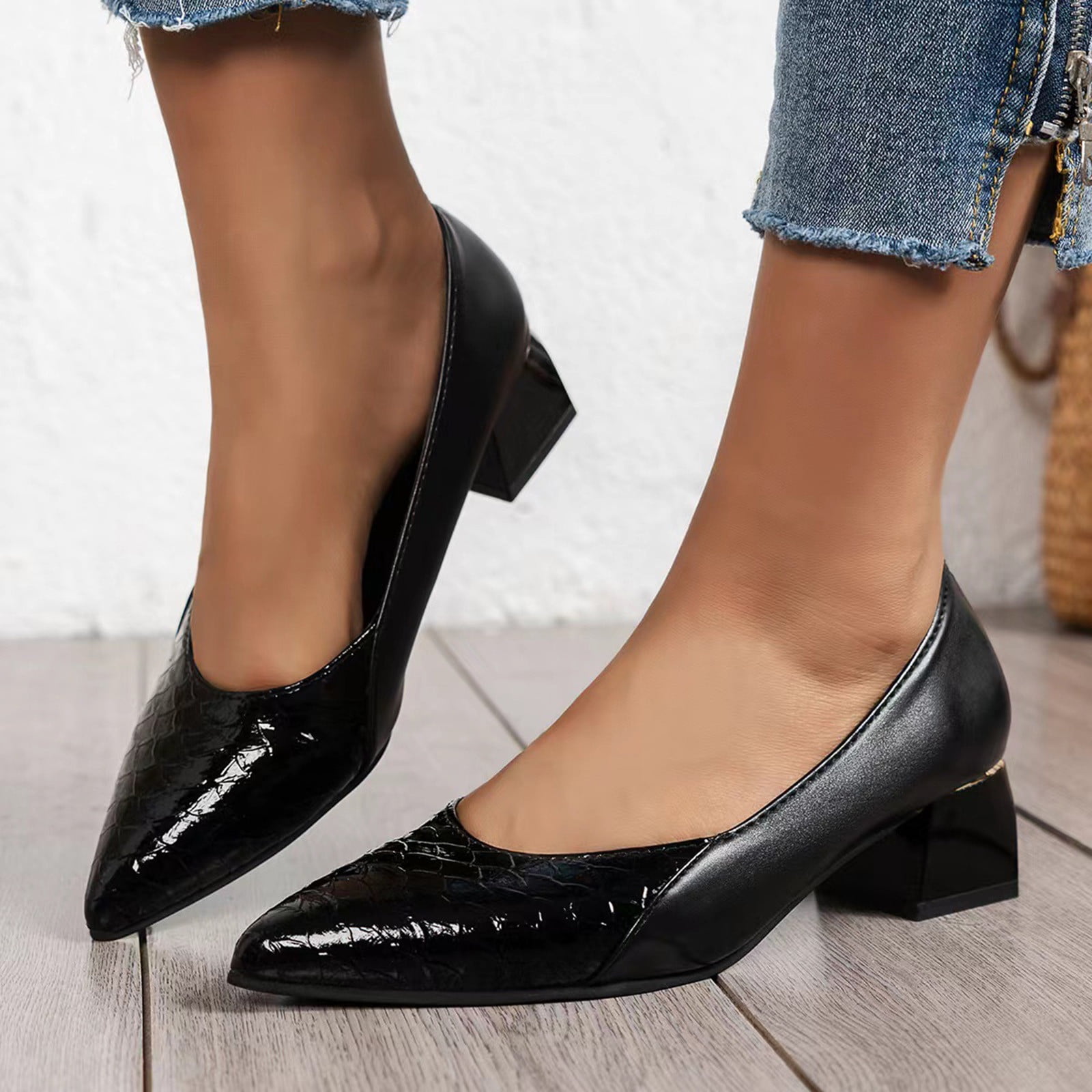 Cathalem Heels Short Ladies Fashion Colorblock Leather Pointed Toe Pumps  Thick High Heel Casual Shoes within Shoes for Women Black 7.5 - Walmart.com