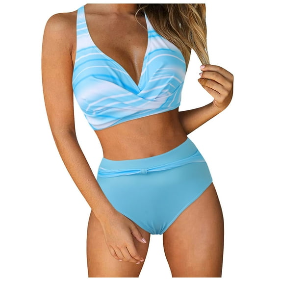 Cathalem High Waisted Bikini Sets for Women Reversible String 2 Piece Swimsuit (Light Blue,S)