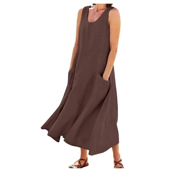 Cathalem Holiday Dresses for Women Plus Size Womens Summer Dresses Beach Casual Plus Size Sleeveless Loose Flowy Sundresses(Brown,L)