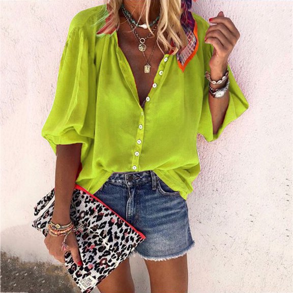 Cathalem Ladies Collar Shirt Solid T Casual Top Sleeve Dressy Print Summer Ruffle Neck Womens Long Shirt V Women Nohow Shirt Shirt Green Large