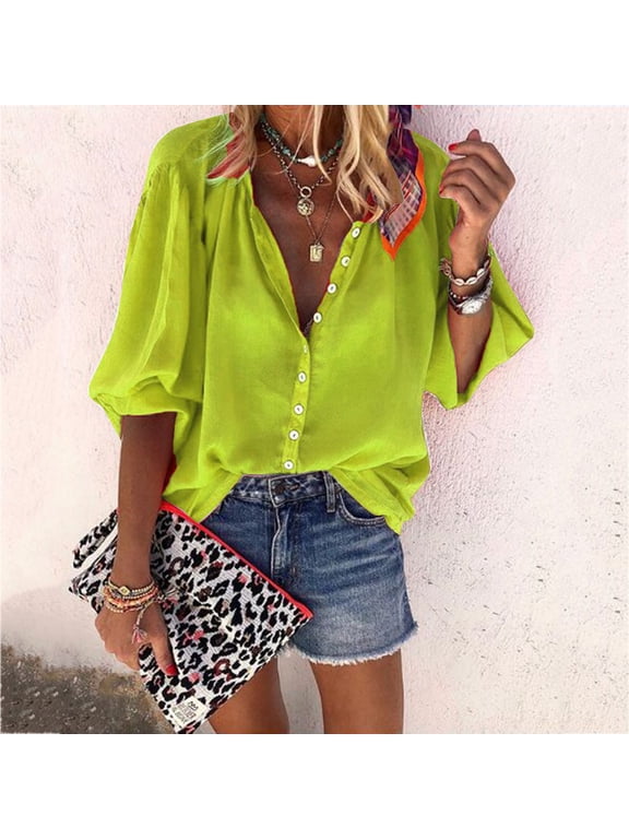 Ladies Collar Shirt Solid T Casual Top Sleeve Dressy Print Summer Ruffle Neck Womens Long Shirt V Women Nohow Shirt Shirt Green Large