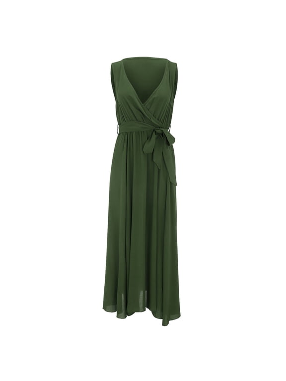 Ladies Denim Dress Summer Maxi Dresses For Women's Vacation Sleeveless Lace Up Pleated Long Sleeve Swing Dress for Women Dress Green X-Large