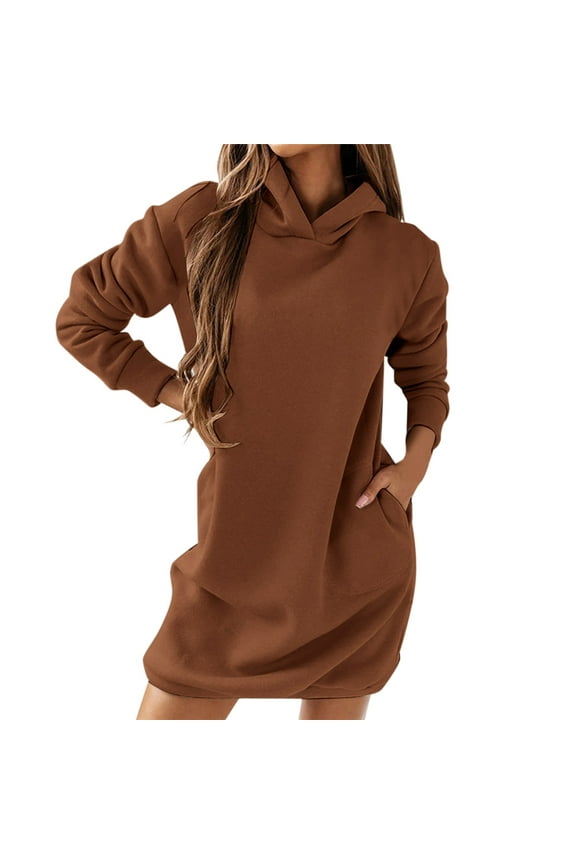 Ladies Dresses Women's Summer Dress Casual Long Sleeves Flowy Sun Dresses(Brown,L)