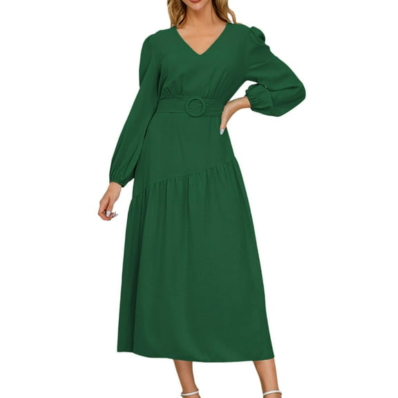 Cathalem Long Sleeve Dress for Women Womens Cocktail Dress Wrap V Neck Pleated Stretchy Midi A Line Wedding Guest Dress (Green,M)