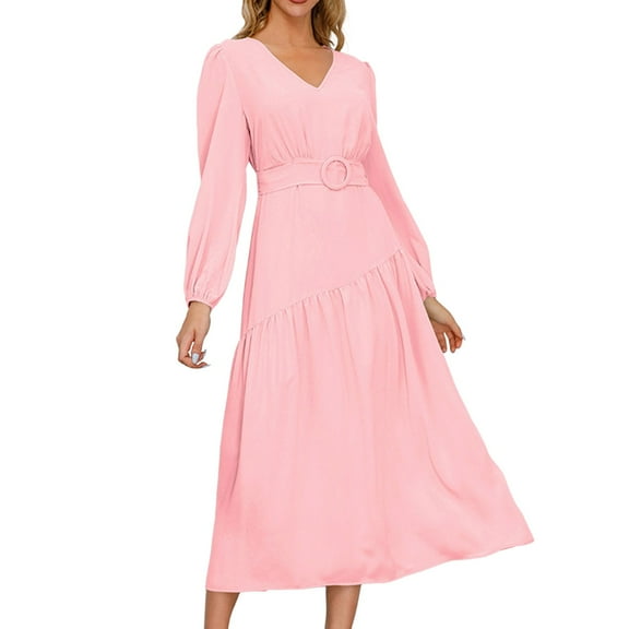 Cathalem Long Sleeve Dress for Women Womens Cocktail Dress Wrap V Neck Pleated Stretchy Midi A Line Wedding Guest Dress (Pink,M)