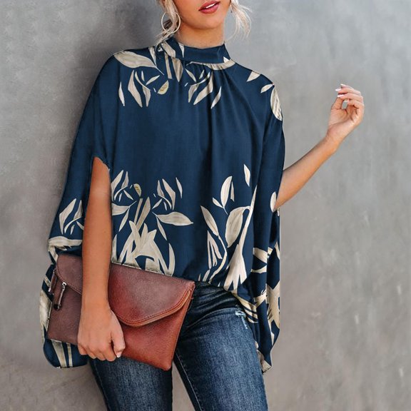 Cathalem Long Sleeve Fitted Button down Dress for Women Womens Floral Print Batwing Sleeve Cape Cute Tops for Women Fall Shirt Navy XX-Large