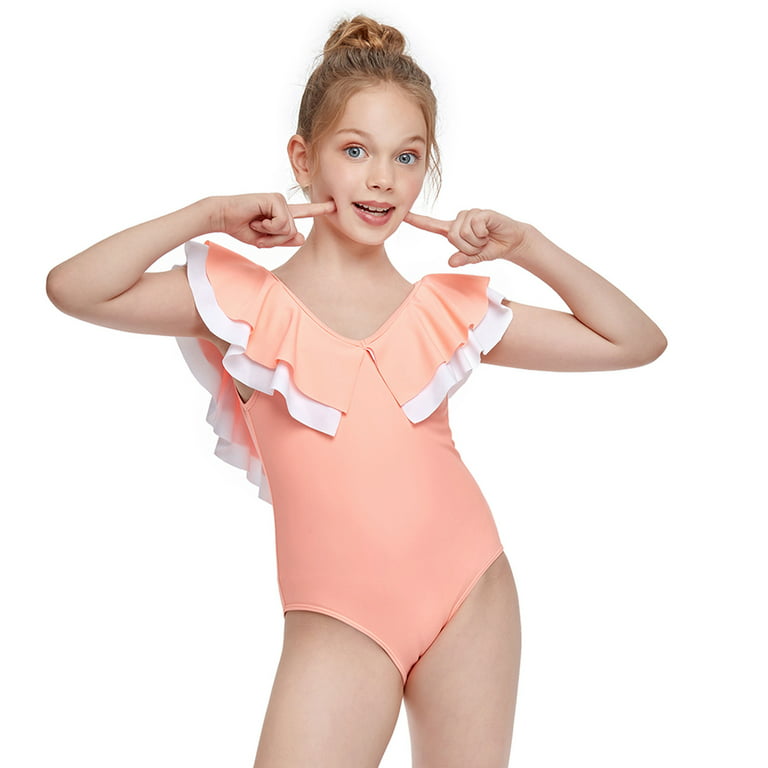Cathalem Long Sleeve Girls Swimsuit Baby One-Piece Ruffles Swimsuit Girls  Toddler Swimwear Kids Solid Bathing Girl Swimsuit 12 14 Swimwear Orange 2-3  Years 