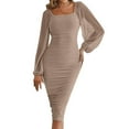 thumbnail image 1 of Cathalem Long Sleeve Wedding Dress Women's Long Puff Sleeve Ruched Bodycon Dress Square Neck Mesh Cocktail Party Midi Dresses (Beige,S), 1 of 8