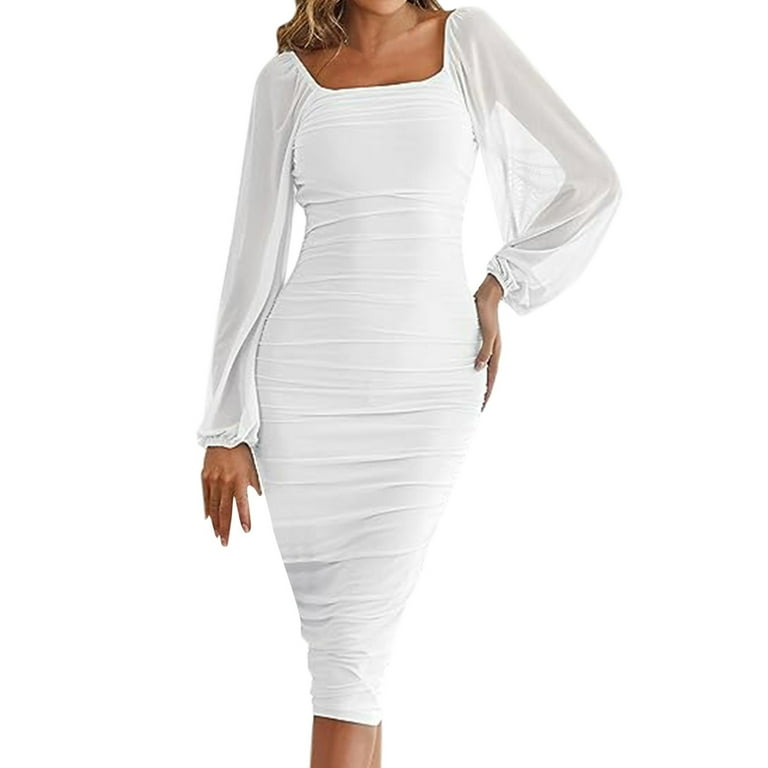 Cathalem Long Sleeve Wedding Dress Women's Long Puff Sleeve Ruched