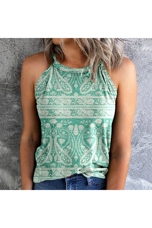 Long Tunic Women Vintage Series Print Slim Fit O Neck Halter TShirt Top Vests Tank Sleeveless Blouse Crop Tops Vest Green X-Large