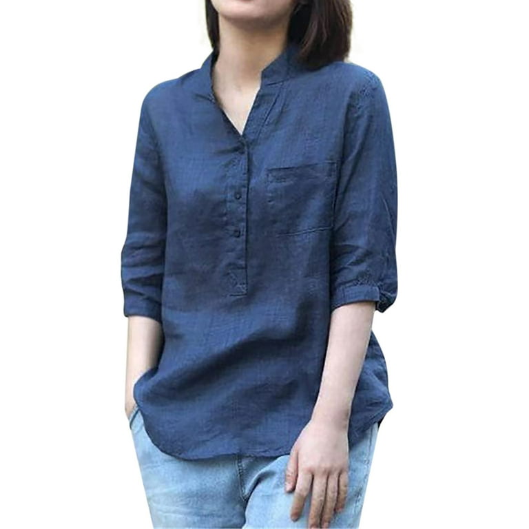 Cathalem Loose Cotton And Linen Summer Casual Outdoor T Shirt Plus Size  Breathable Tops Navy M 