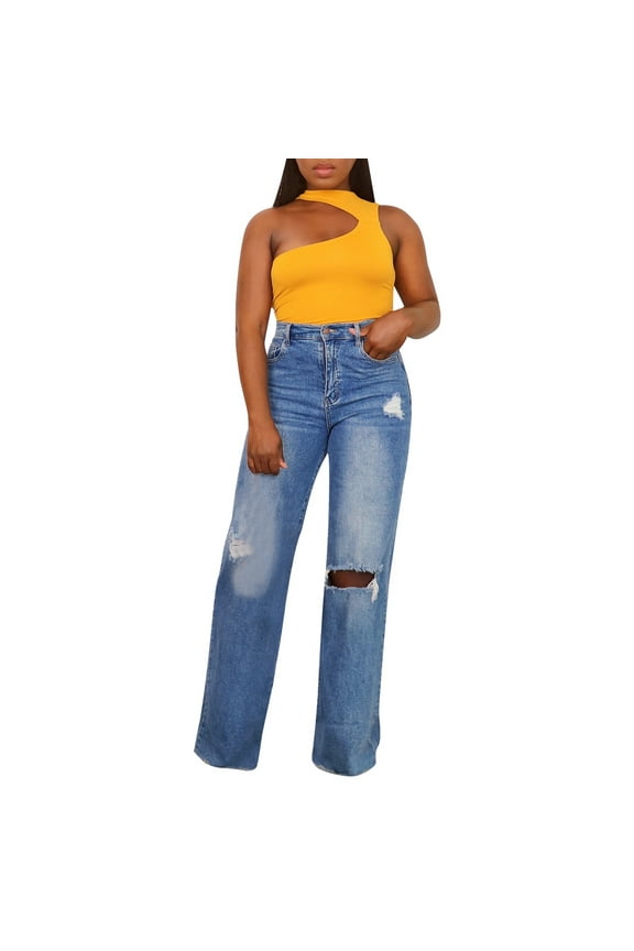 Loose Jeans for Women Petite Women Casual Wide Leg Denim Loose Wide Baggy Long Jeans(Blue,L)