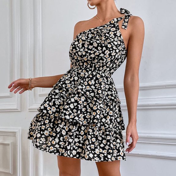 Cathalem Maxi Dress Summer Womes Summer Tie One Shoulder Boho Floral Dress Elastic Waist Tiered Ruffle A Dress Women Long Sleeve Dress Black XX-Large