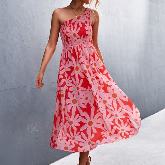 Cathalem Maxi Dresses for Women Summer with Pockets Women's Summer Floral Dress One Shoulder Long Sleeve Swing Dresses for Women Dress Red X-Large
