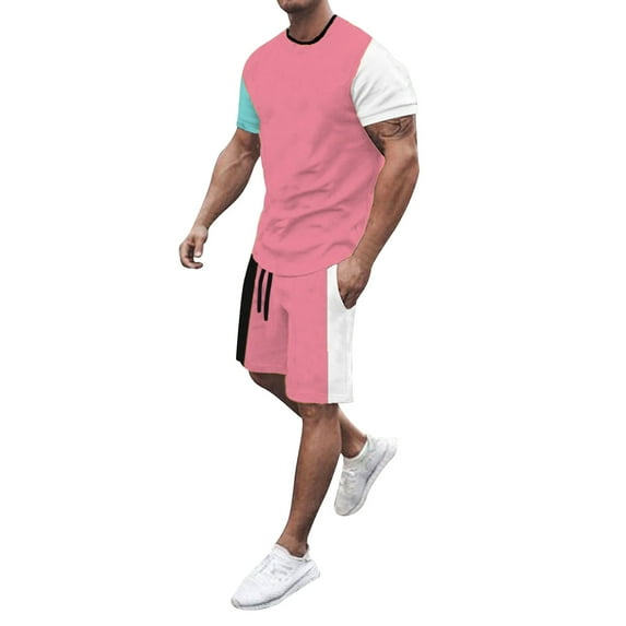 Cathalem Men Beach Outfits Sets Big and Tall Mens 2 Piece Outfits Casual Tracksuit Shorts Summer Sweatsuit Oversize Short Sleeve Sport Set(Pink,XXXXL)