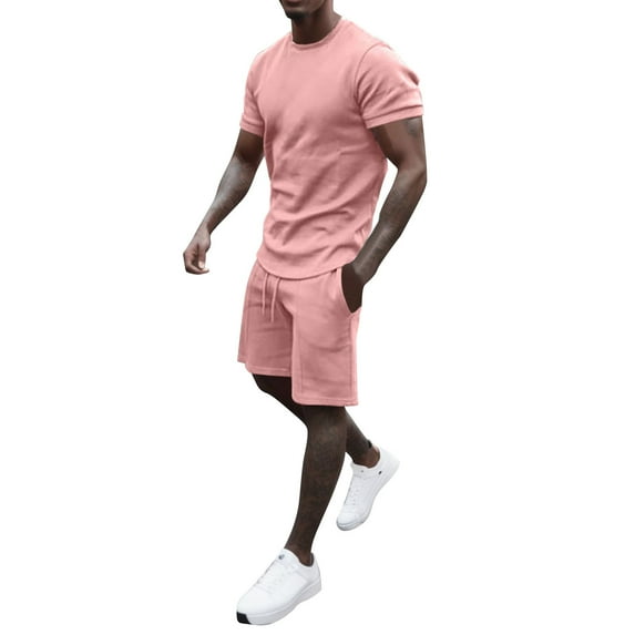 Cathalem Men Beach Outfits Sets Men's Workout Sets Athletic Clothes Shirts Shorts Basketball Running Football Outfits Summer(Pink,S)