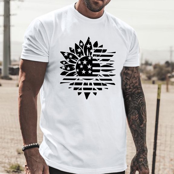 Cathalem Men T Shirts Fashion Designer Slim Fit Male Summer Casual Flag Flower Print T Shirt Blouse Round Neck T Shirt Folder Shirt White Medium