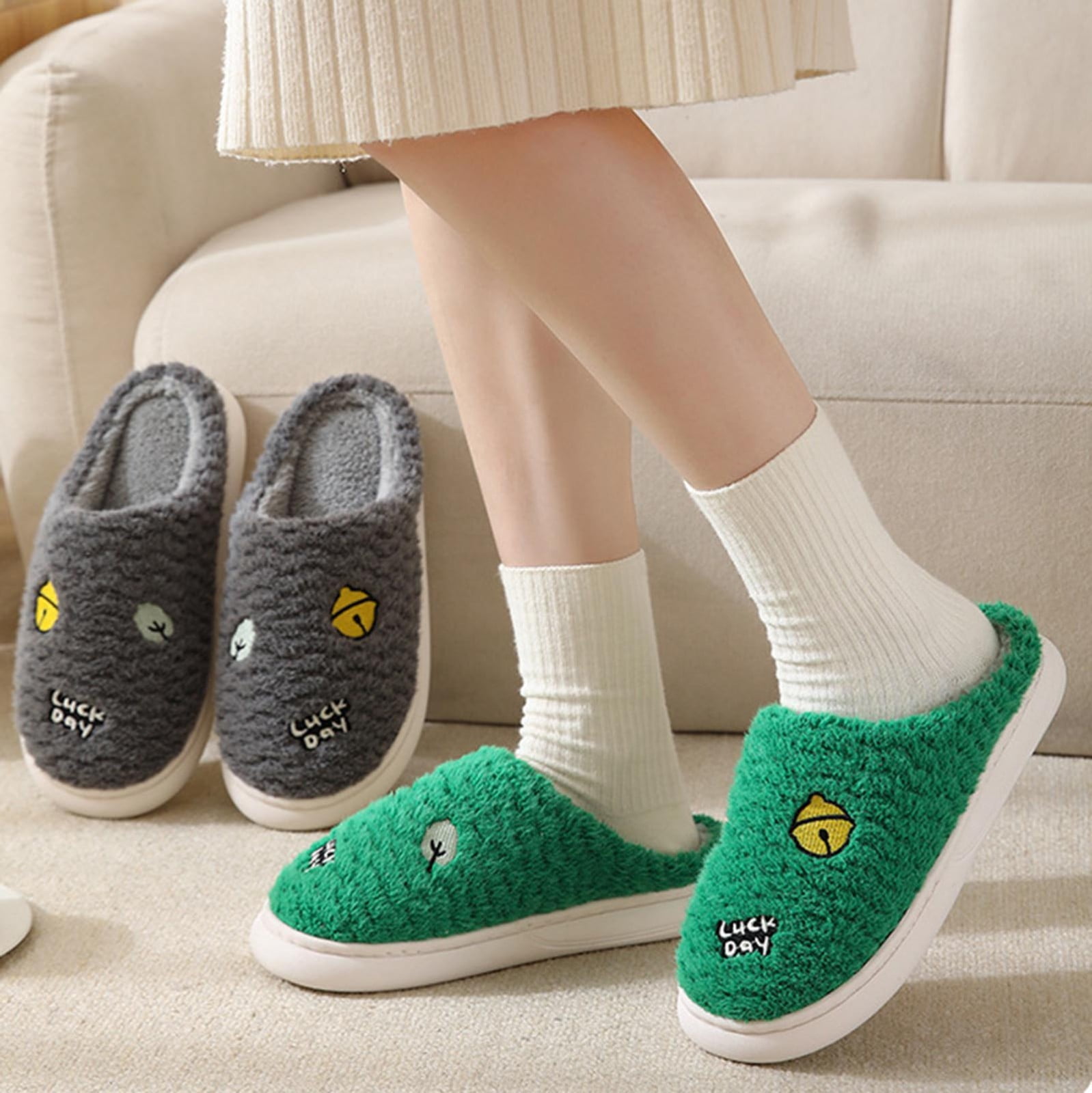 Cathalem Mens Extra Wide Slippers Couple Women's Winter Plush Soft