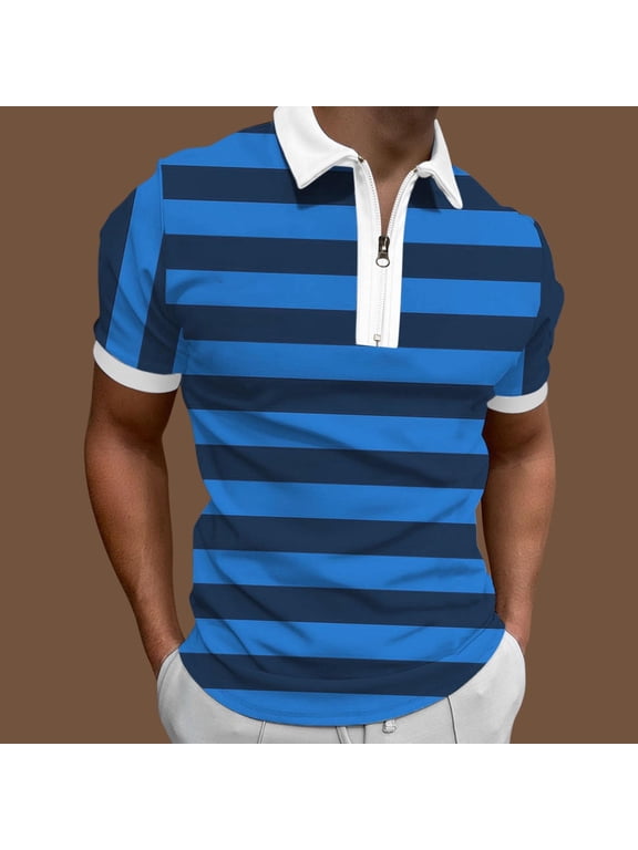Mens Silk Shirts Short Sleeve Male Casual Stripe Print Zipper Turn Down Collar Blouse Mens Medium Long Sleeve T Shirts Shirt Blue 3X-Large