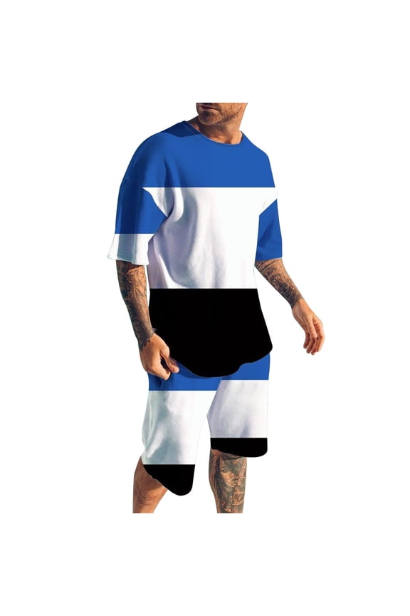 Mens Summer Short Sets 2 Piece Outfits Men's T Shirts Short Sleeve Top & Shorts Casual Two Piece Sets(Blue,L)