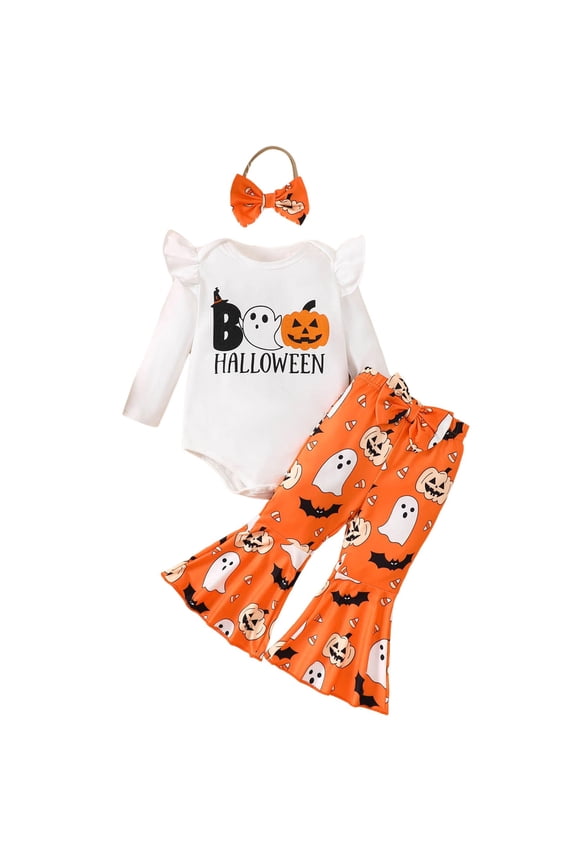 My First Halloween Baby Girl Ruffle Romper Bottoms with Headband Fall Clothes White 3-6 Months