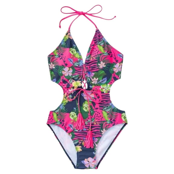 Cathalem One Piece Swimsuit Women Criss Cross Back Color Block Print Bathing Suits Athletic Modest Swimwear (Hot Pink,M)