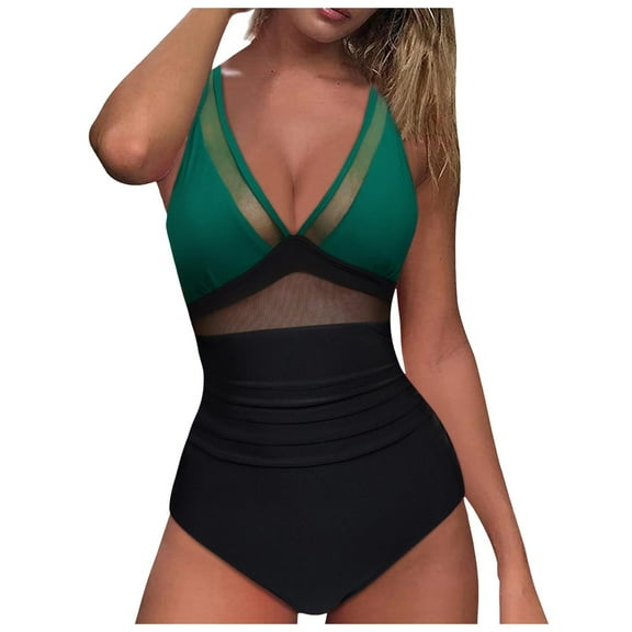 Cathalem One Piece Swimsuit Women Tummy Control V Neck Bathing Suits (Green,L)