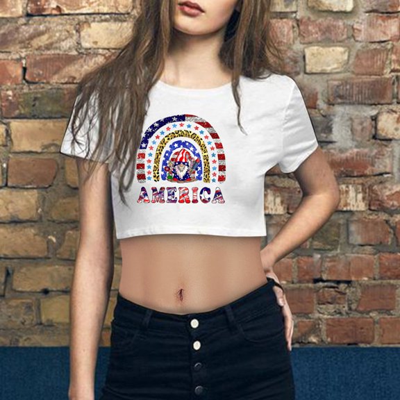 Cathalem Polyester Long Sleeve Women Independence Day Casual Crop Print Short Sleeve Top T Shirt Womens Long Sleeve T Shirt Tops Shirt White Large
