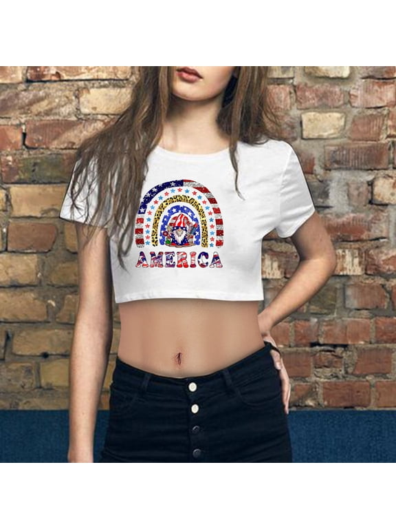 Polyester Long Sleeve Women Independence Day Casual Crop Print Short Sleeve Top T Shirt Womens Long Sleeve T Shirt Tops Shirt White Large